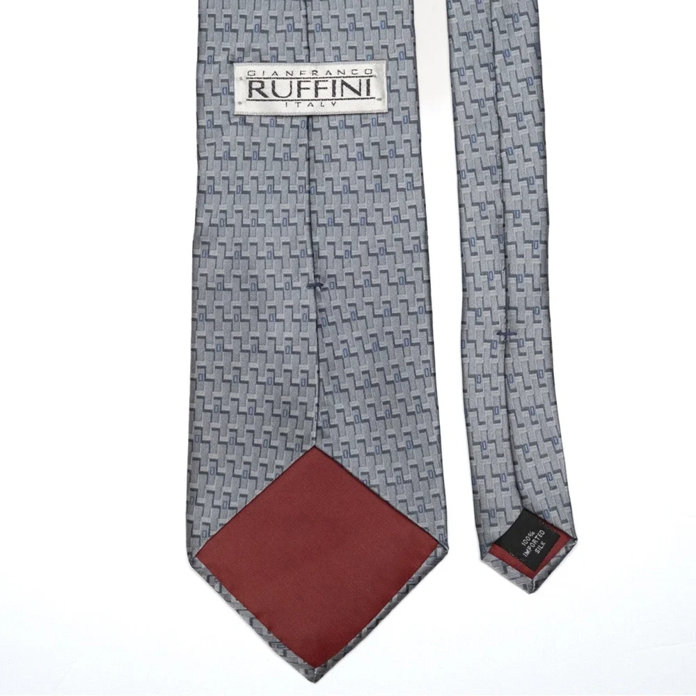 Gianfranco Ruffini VTG Italian‎ Silk Gray Geometric Patterned Men's Necktie, EUC